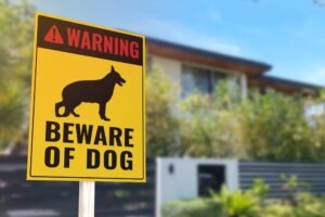 A “beware of dog” sign in front of a house. A Norfolk lawyer with experience in dog bite cases can help you seek damages.